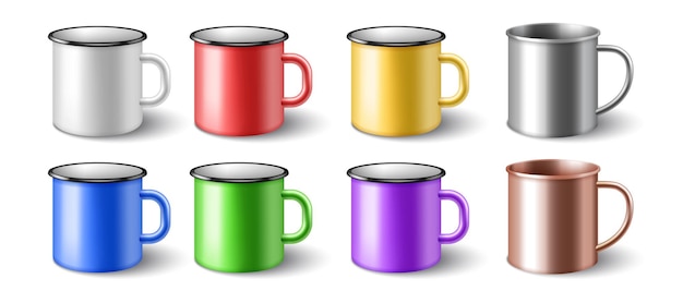 Enamel 3d realistic metal cups set. colorful metallic mugs isolated on white background. mockup template of bright steel cups for branding. vector illustration