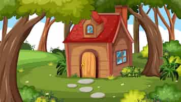 Free vector enchanted forest cottage illustration