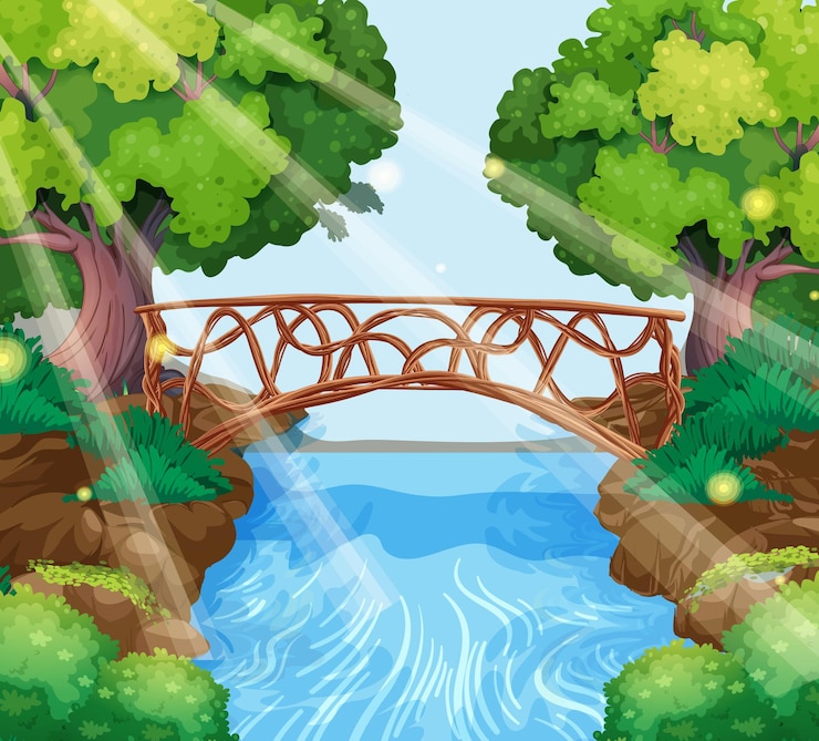 Free Vector enchanted garden with stone bridge