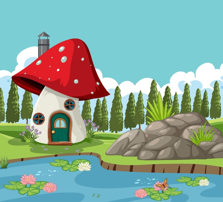 Free Vector enchanted mushroom house by the pond