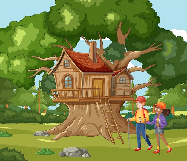 Vettore gratuito avventura incantata nella casa sull'albero nella foresta