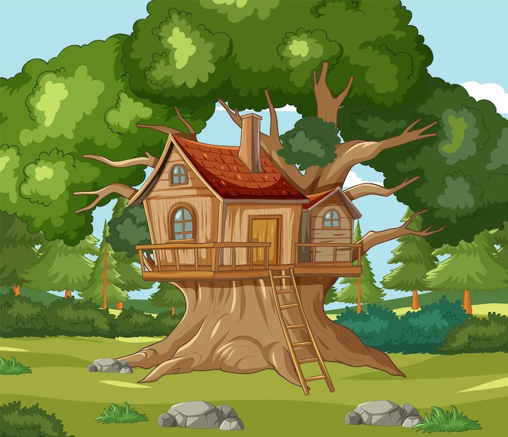 Free Vector enchanted treehouse in a lush forest