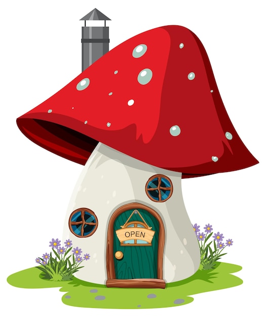 Vettore gratuito incantevole casa dei funghi con cartello aperto