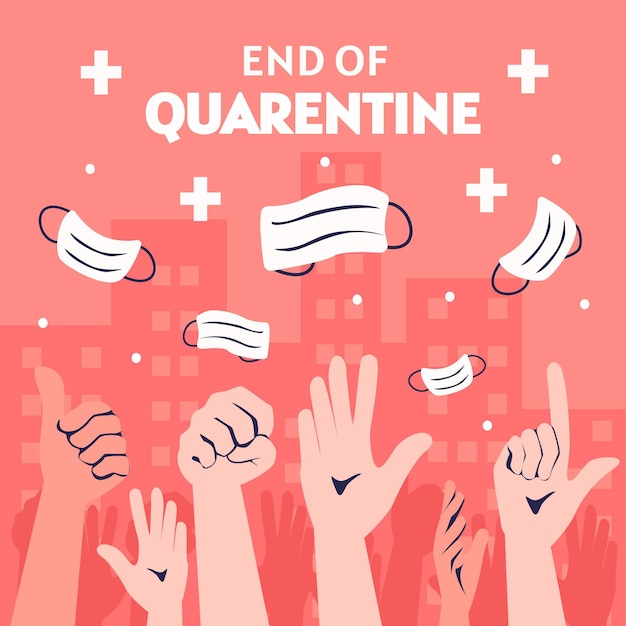 Free vector end of quarantine with hands and medical masks