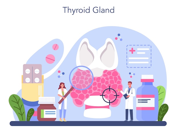 Concetto endocrinologo esame della ghiandola tiroidea il medico esamina l'ormone e il glucosio idea di salute e trattamento medico illustrazione vettoriale piatta isolata