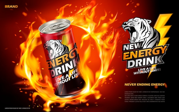 Energy drink contained in metal can with flaming hoop element, red background