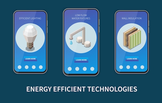 L'insieme isometrico della casa a risparmio energetico con i modelli di app mobili per il controllo della casa intelligente ha isolato l'illustrazione vettoriale