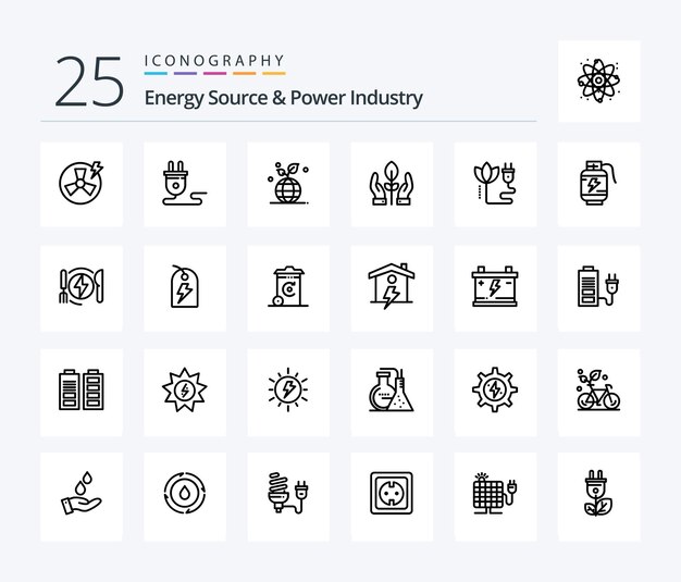 Energy Source And Power Industry 25 Line icon pack including biomass hand plant globe