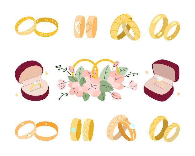 Engagement or wedding rings vector illustrations set. Jewellery for proposal, gold rings for bride and groom in red boxes isolated on white background. Jewelry, marriage, wedding, accessories concept