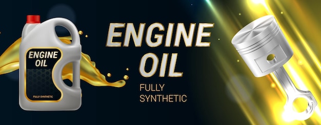 Free vector engine oil realistic horizontal illustration with plastic container piston and fully synthetic text