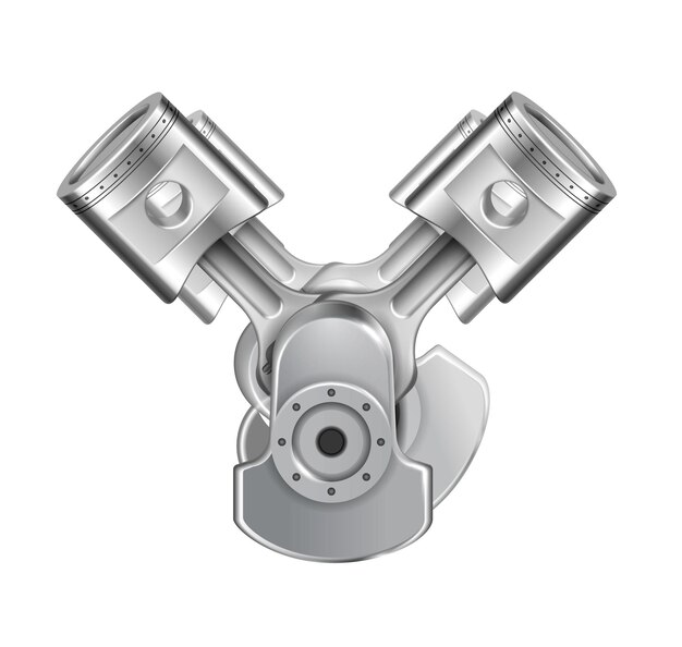 Engine pistons system composition with realistic image of assembled metal engine elements isolated