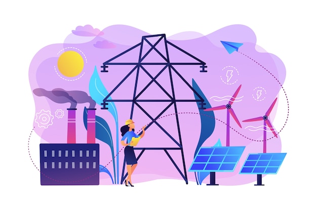 Engineer choosing power station with solar panels and wind turbines. alternative energy, green energy technologies, eco-friendly energetics concept. Free Vector