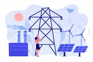 Free vector engineer choosing power station with solar panels and wind turbines