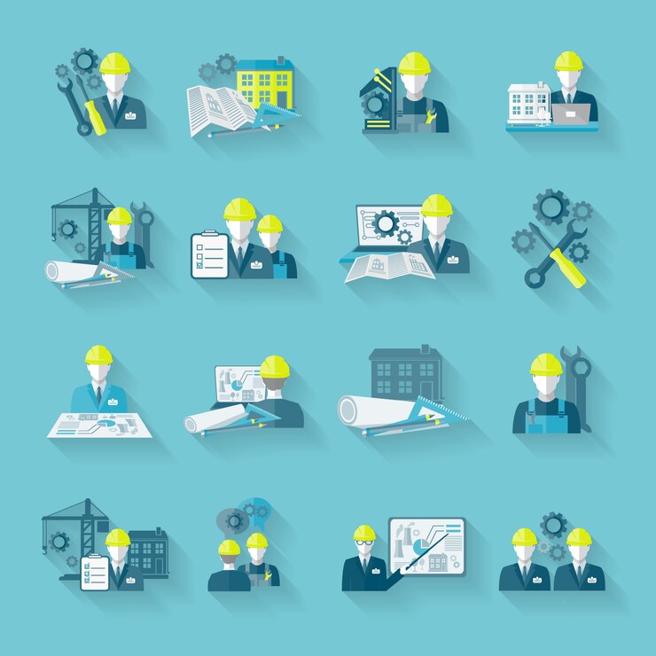 Free Vector engineer construction equipment industrial technician workers with fixing tools and gears icons set isolated vector illustration