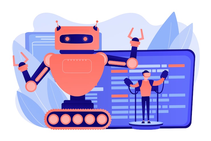 무료 Vector 원격 기술로 대형 로봇을 제어하는 엔지니어. 원격 조작 로봇, 로봇 제어 시스템, 조작 로봇 시스템 개념