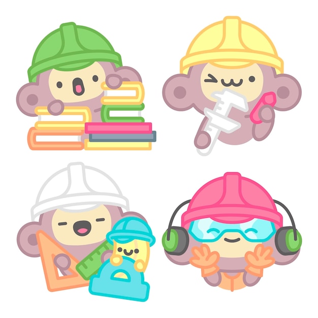 Free vector engineer stickers collection with monkey and banana