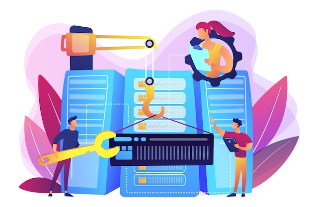 Free vector engineers consolidating and structuring data in the center. big data engineering, massive data operation, big data architecture concept. bright vibrant violet  isolated illustration