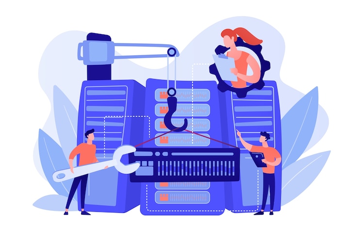 Free Vector engineers consolidating and structuring data in the center. big data engineering, massive data operation, big data architecture concept