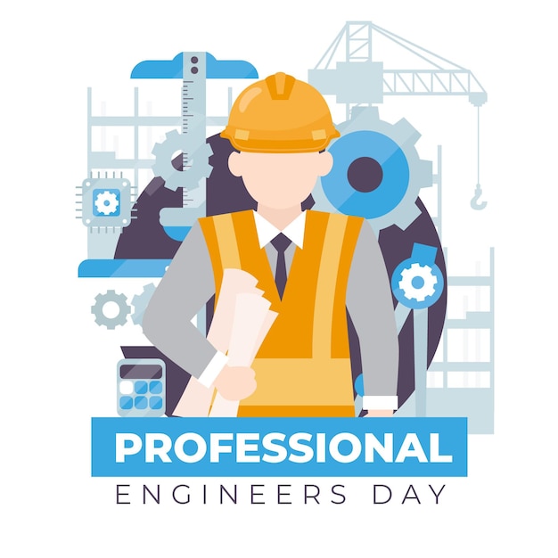 Бесплатное векторное изображение Инженер день вид спереди персонаж с защитным шлемом