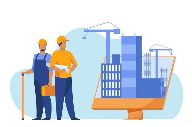 Engineers standing near big monitor with buildings. Project, crane, screen flat vector illustration. Construction and engineering