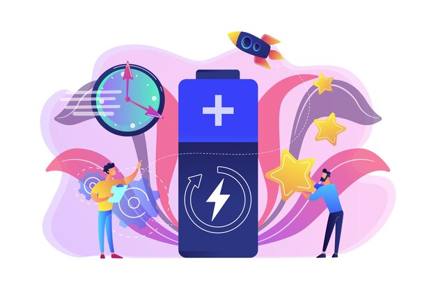 Engineers with battery charging, clock and stars with rocket. Fast charging technology, fast-charge batteries, new battery engineering concept. Bright vibrant violet  isolated illustration