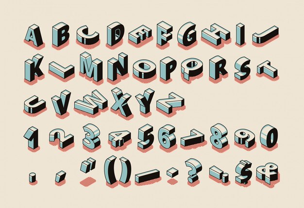 English alphabet isometric set with latin ABC letters, special symbols, punctuation marks