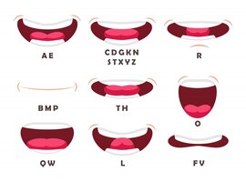 Free vector english alphabet letters pronunciation set. vector illustrations of human mouth with teeth talking vowels and consonants. cartoon movement of mouth making sounds isolated on white. education concept.