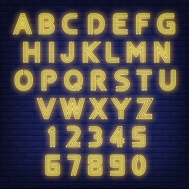 English alphabet neon sign. Glowing letters and figures on dark brick wall background.