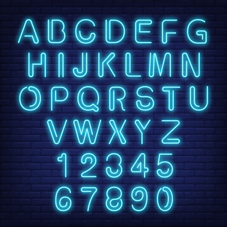 Free Vector english alphabet and numbers. neon sign with blue letters.