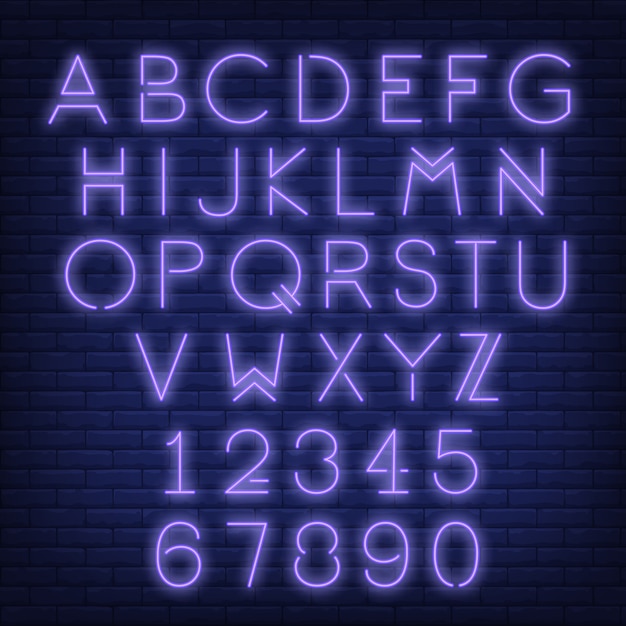 Free vector english alphabet and numbers. neon sign with violet letters.