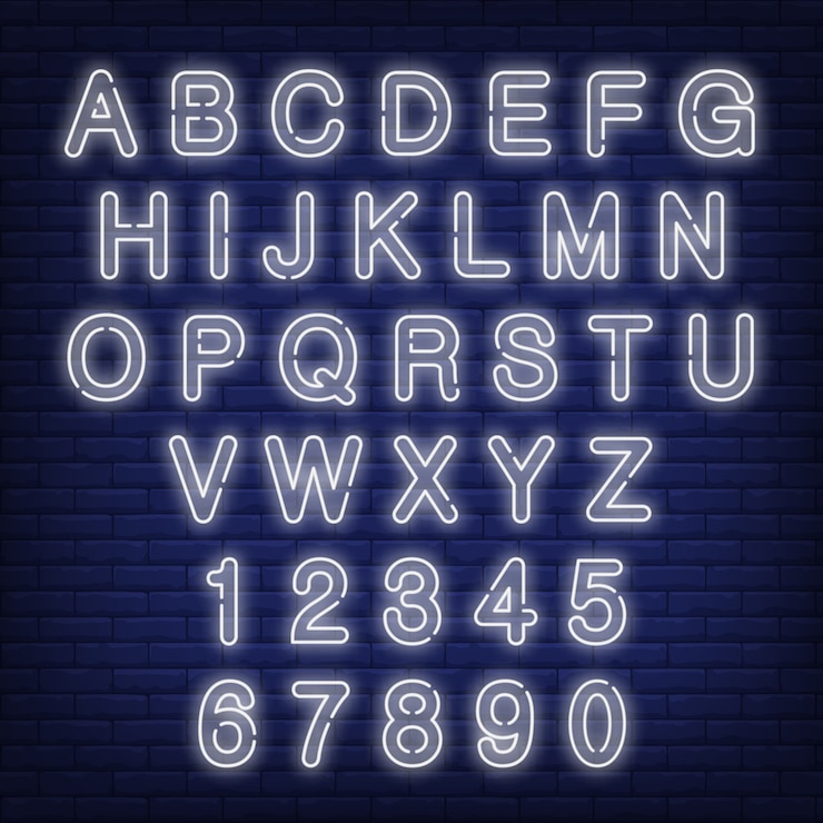 Free Vector english alphabet and numbers. neon sign with white letters. 