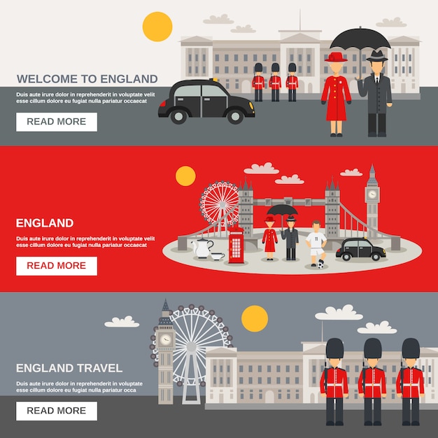 Free vector english culture 3 horizontal banners set