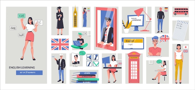 Free vector english learning flat composition consisting from separate rectangular illustrations of people studying  foreign language isolated vector illustration