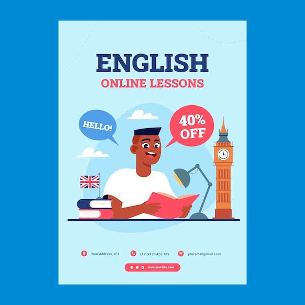 Poster piatto disegnato a mano di lezioni di inglese