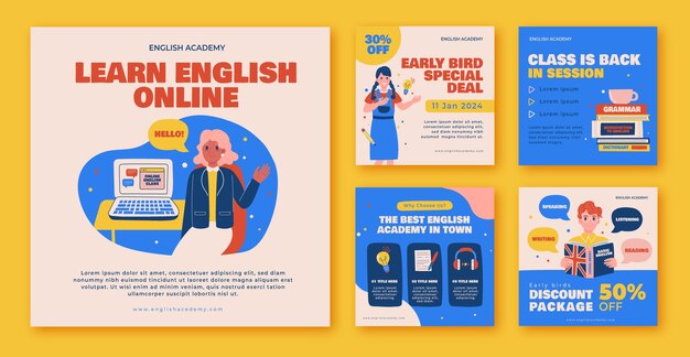 Free vector english lessons instagram posts