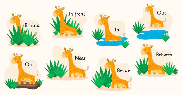 Бесплатное векторное изображение Английский предлог с милым жирафом
