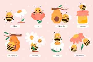 Free vector english prepositions with bees