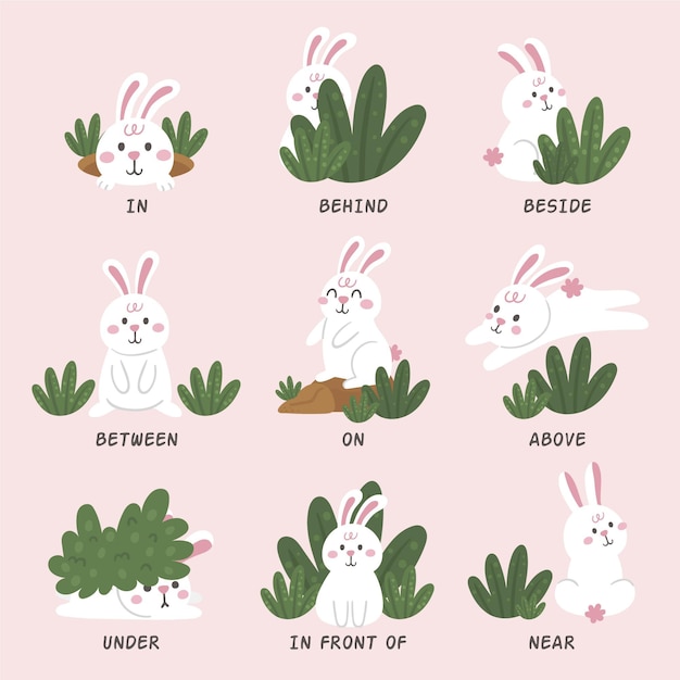 うさぎが描かれた英語の前置詞 プレミアムベクター