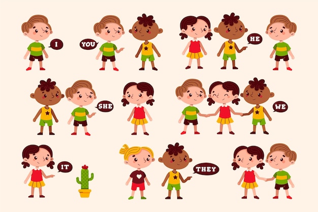 Free vector english subject pronouns with cartoon kids