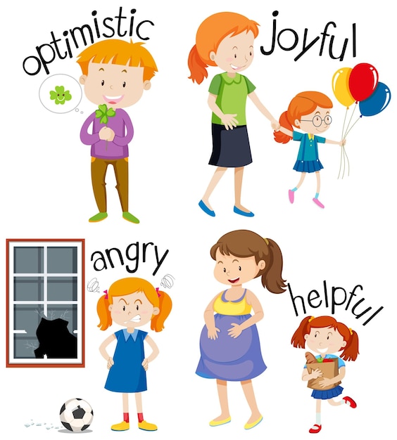 Free vector english vocabulary adjective word with cartoon characters