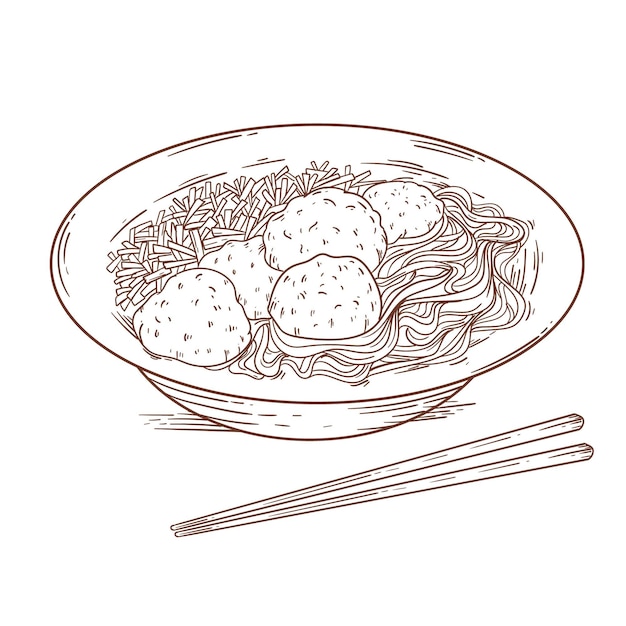 Free vector engraving drawn bakso in a bowl