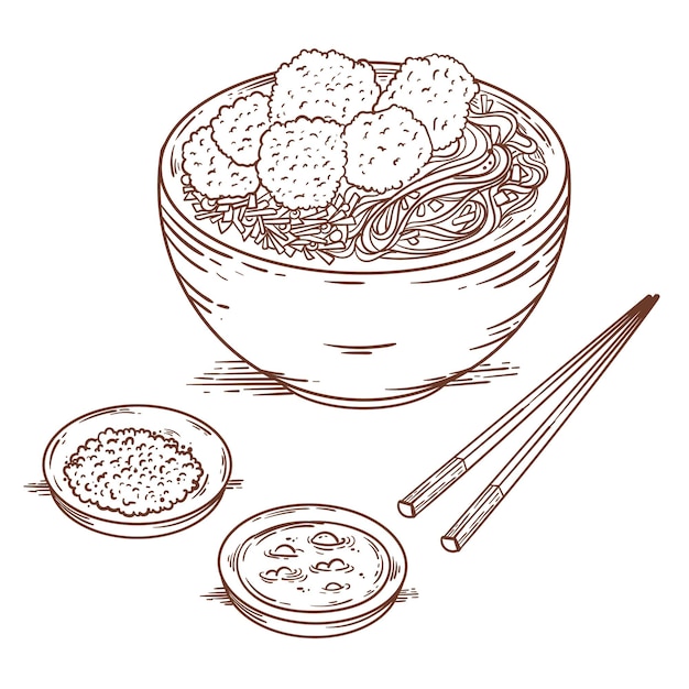 Engraving drawn bakso in a bowl