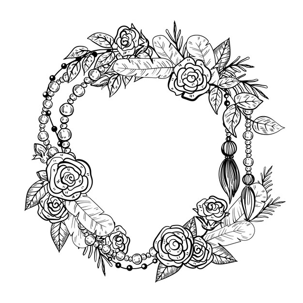 Engraving drawn beautiful boho frame