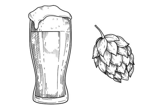 Tazza di vetro di birra disegnata a mano con incisione con schiuma e pianta di luppolo