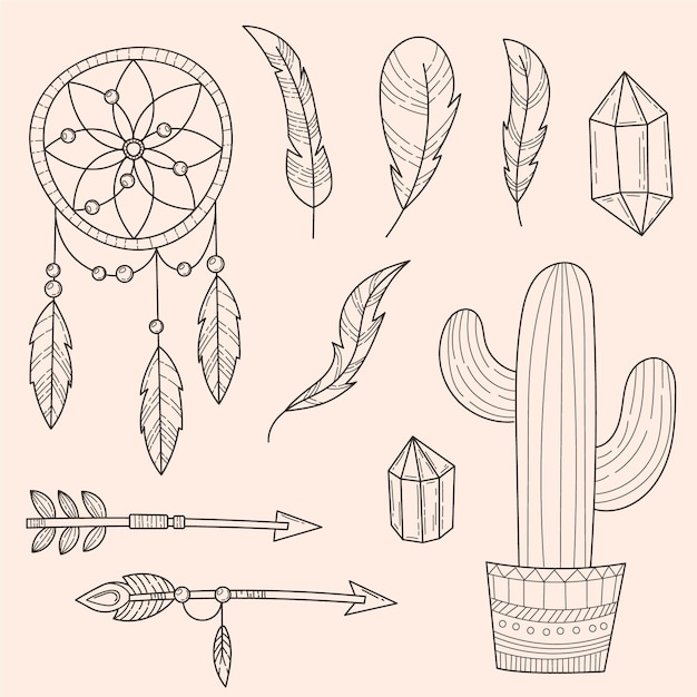 Free vector engraving hand drawn boho element collection