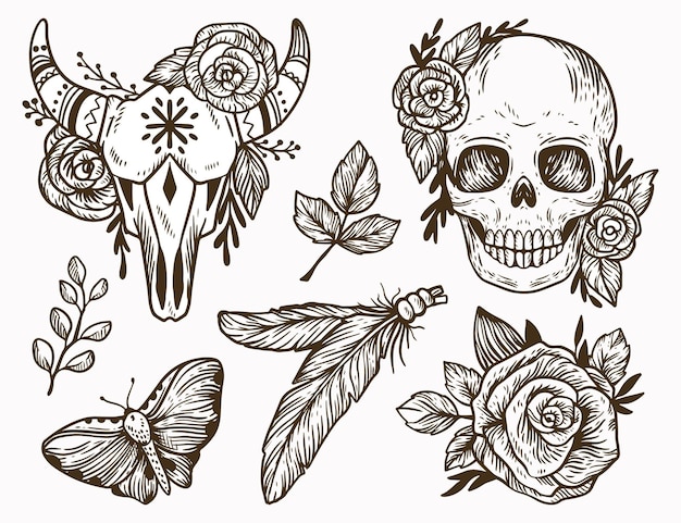 Free vector engraving hand drawn boho element collection