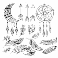 Free vector engraving hand drawn boho elements collection
