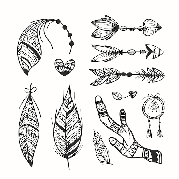 Engraving hand drawn boho elements collection