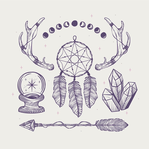 Free vector engraving hand drawn boho elements collection