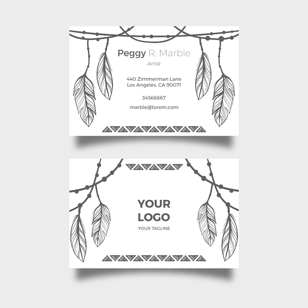 Engraving hand drawn boho horizontal business card template